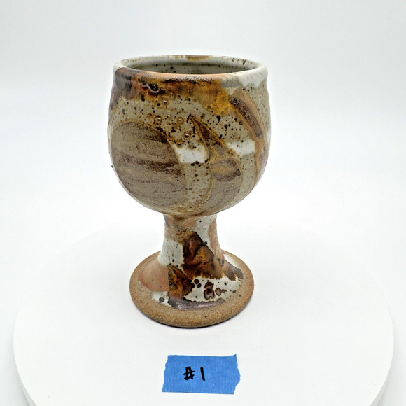 Studio Art Pottery Goblet Chalice Cup Textured Glazed Brown Gray Stoneware Wine - Picture 9 of 9